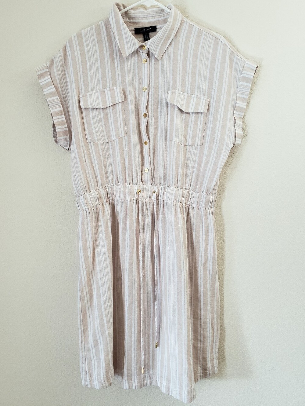 Ellen Tracy Beige & White Striped Linen Blend Button-Front Shirt Dress, L